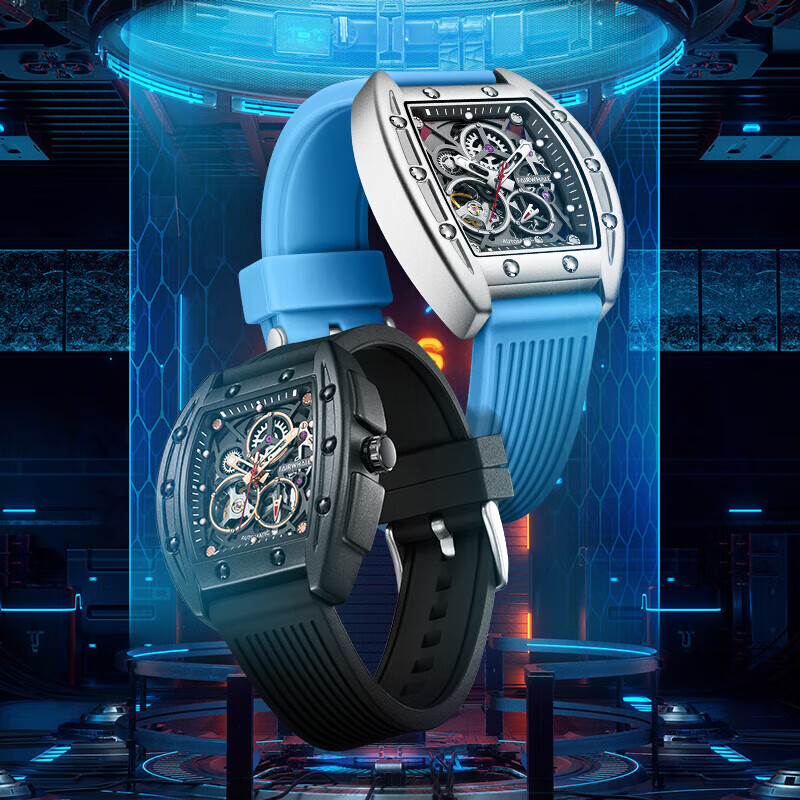 馬克華菲(FAIRWHALE)手表 開拓者系列全自動鏤空機械手表男酒桶型潮流學生運動夜光國表FW-6180-4